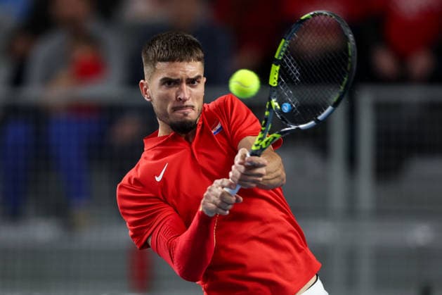 (260207) -- VARAZDIN, Feb. 7, 2026 -- Dino Prizmic of Team Croatia hits a return in the second match against August Holmgren of Team Denmark during the Davis Cup Qualifier first round match between Croatia and Denmark in Varazdin, Croatia, on Feb. 6, 2026. (Photo by PIXSELL via Xinhua) (SP)CROATIA-VARAZDIN-TENNIS-DAVIS CUP-CRO VS DEN IgorxKralj 