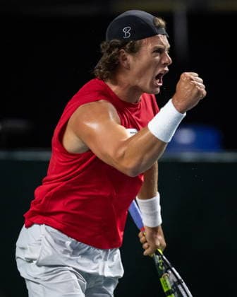 February 6, 2026, Vancouver, Bc, CANADA: Canada s Liam Draxl celebrates winning a point against Brazil s Joao Lucas Reis Da Silva during the first set of a Davis Cup Qualifiers tennis singles match in Vancouver, on Friday, Feb. 6, 2026. Canada News - February 6, 2026  - ZUMAc35_ 20260206_zaf_c35_297 Copyright: xEthanxCairnsx