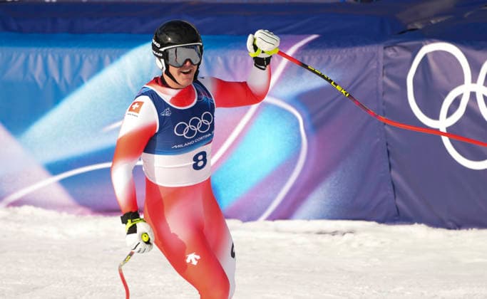 (260207) -- BORMIO, Feb. 7, 2026 -- Franjo von Allmen of Switzerland reacts during the alpine skiing men s downhill of the Milan-Cortina 2026 Olympic Winter games, Winterspiele,Spiele, Summer games in Bormio, Italy, Feb. 7, 2026. ) (MICO2026)ITALY-BORMIO-OLYMPIC WINTER GAMES-ALPINE SKIING-MEN S DOWNHILL YanxLinyun 