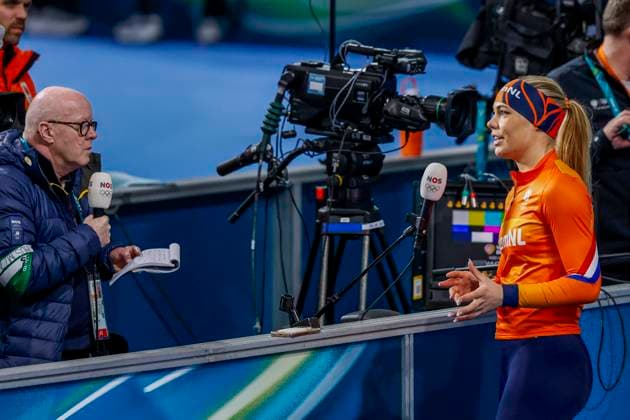 Jutta Leerdam of the Netherlands speaking with journalist Around the Games, Milano Cortina 2026 Winter Olympics: Day 1, Speed skating, Eisschnelllauf - Milano Cortina 2026 Winter Olympics: Day 1, Milano Speed Skating Stadium, February 7, 2026, Milan, Italy.