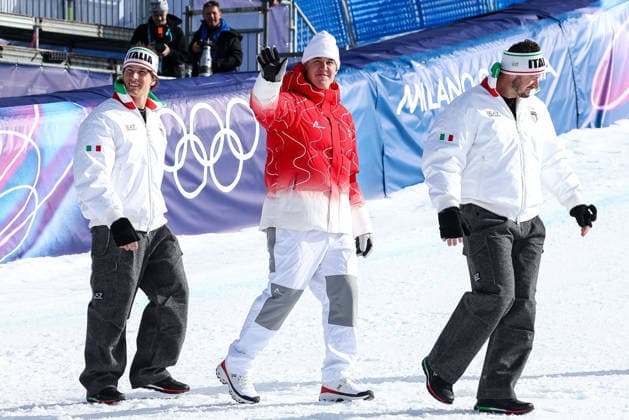 Franjo von Allmen (SUI), Giovanni Franzoni (ITA) and Dominik Paris (ITA) happiness after winning the gold medal during the Olympic Winter games, Winterspiele,Spiele, Summer games Milano-Cortina 2026, Alpine Skiing Men s Downhill on February 07, 2026 at Stelvio Ski Centre in Bormio, Italy  Copyright: xSergioxBisi IPAxSportx xipa-agency.netx xx IPA_71064372 IPA_Agency_IPA71064372