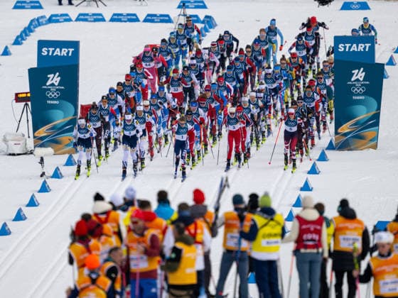 OLYMPICS - Winter Olympic Games, Olympische Spiele, Olympia, OS Milano Cortina 2026 VAL DI FIEMME,ITALY,07.FEB.26 - OLYMPICS, CROSS COUNTRY SKIING - Winter Olympic Games Milano Cortina 2026, 10km, 10km Skiathlon, women. Image shows the start of the race with Ebba Andersson, Moa Ilar (SWE), Jessie Diggins (USA), Karoline Simpson-Larsen (NOR) and Teresa Stadlober (AUT). in the first row.  GEPAxpictures xOliverxLerch