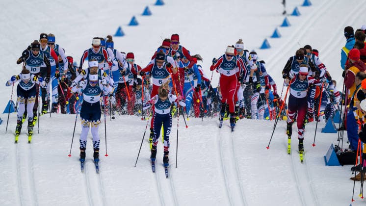OLYMPICS - Winter Olympic Games, Olympische Spiele, Olympia, OS Milano Cortina 2026 VAL DI FIEMME,ITALY,07.FEB.26 - OLYMPICS, CROSS COUNTRY SKIING - Winter Olympic Games Milano Cortina 2026, 10km, 10km Skiathlon, women. Image shows the start of the race with Ebba Andersson, Moa Ilar (SWE), Jessie Diggins (USA), Karoline Simpson-Larsen (NOR) and Teresa Stadlober (AUT). in the first row.  GEPAxpictures xOliverxLerch