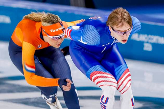 Jordan Stolz of United States of America and Jutta Leerdam of the Netherlands during a training Around the Games, Milano Cortina 2026 Winter Olympics: Day 1, Speed skating, Eisschnelllauf - Milano Cortina 2026 Winter Olympics: Day 1, Milano Speed Skating Stadium, February 7, 2026, Milan, Italy.