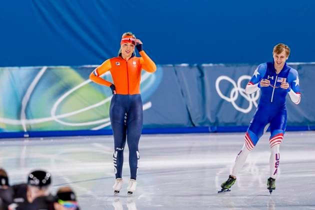 Jutta Leerdam of the Netherlands and Jordan Stolz of United States of America during a training Around the Games, Milano Cortina 2026 Winter Olympics: Day 1, Speed skating, Eisschnelllauf - Milano Cortina 2026 Winter Olympics: Day 1, Milano Speed Skating Stadium, February 7, 2026, Milan, Italy.
