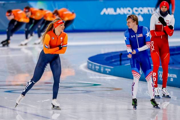 Jutta Leerdam of the Netherlands and Jordan Stolz of United States of America during a training Around the Games, Milano Cortina 2026 Winter Olympics: Day 1, Speed skating, Eisschnelllauf - Milano Cortina 2026 Winter Olympics: Day 1, Milano Speed Skating Stadium, February 7, 2026, Milan, Italy.