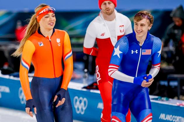 Jutta Leerdam of the Netherlands and Jordan Stolz of United States of America during a training Around the Games, Milano Cortina 2026 Winter Olympics: Day 1, Speed skating, Eisschnelllauf - Milano Cortina 2026 Winter Olympics: Day 1, Milano Speed Skating Stadium, February 7, 2026, Milan, Italy.