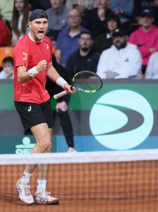 Belgian Raphael Collignon pictured in action during a tennis match against Bulgarian Vasilev, during the qualifier of the Davis Cup on Saturday 07 February 2026, in Plovdiv, Bulgaria. Belgium will compete this weekend in the Davis Cup qualifiers against Bulgaria. BENOITxDOPPAGNE  x161733591x