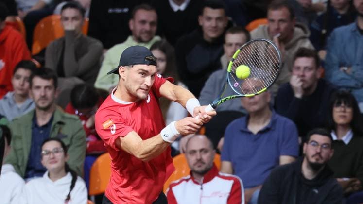 Belgian Raphael Collignon pictured in action during a tennis match against Bulgarian Vasilev, during the qualifier of the Davis Cup on Saturday 07 February 2026, in Plovdiv, Bulgaria. Belgium will compete this weekend in the Davis Cup qualifiers against Bulgaria. BENOITxDOPPAGNE  x161733643x