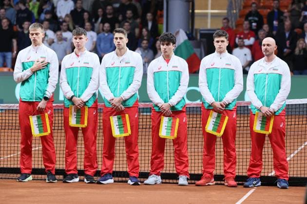 Team Bulgaria pictured before the start of a tennis match between Bulgarian Vasilev and Belgian Collignon, during the qualifier of the Davis Cup on Saturday 07 February 2026, in Plovdiv, Bulgaria. Belgium will compete this weekend in the Davis Cup qualifiers against Bulgaria. BENOITxDOPPAGNE  x161733764x
