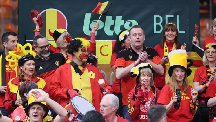 Belgian fans pictured at a tennis match between Bulgarian Vasilev and Belgian Collignon, during the qualifier of the Davis Cup on Saturday 07 February 2026, in Plovdiv, Bulgaria. Belgium will compete this weekend in the Davis Cup qualifiers against Bulgaria. BENOITxDOPPAGNE  x161734060x