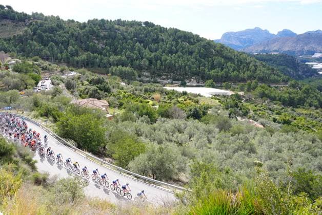 The pack of riders pictured in action during stage 4 of the 2026 Volta Comunitat Valenciana, Tour of Valencia cycling race, a race from La Nucia to Teulada Moraira (172,2 km), on Saturday 07 February 2026 in Spain. The race takes place from 4 to 8 February and runs through the three provinces of the Valencian Community. JOMAxGARCIA  x161734556x