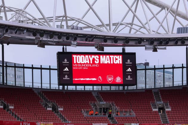 7th February 2026; Emirates Stadium, London, England; Premier League Football, Arsenal versus Sunderland; Big screen showing todays fixture  KatiexChan