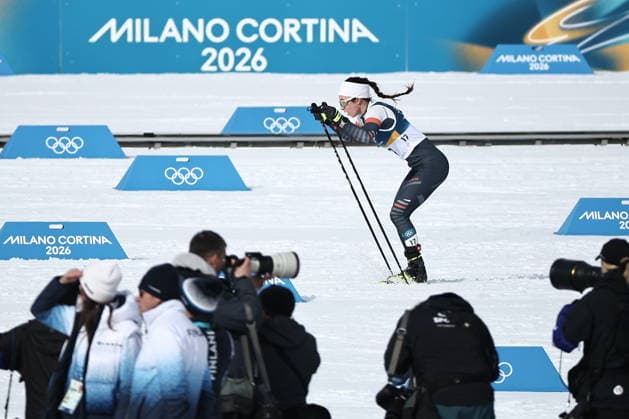 ITALY, TRENTINO-SOUTH TYROL - FEBRUARY 7, 2026: Dariya Nepryaeva of Russia competes in a women s 10km + 10km skiathlon race during the 2026 Winter Olympic Games, Olympische Spiele, Olympia, OS at the Tesero Cross-Country Skiing Stadium. Mikhail Tereshchenko TASS  88323869