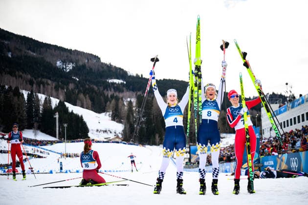 260207 Ebba Andersson of Sweden, Frida Karlsson of Sweden and Heidi Weng of Norway celebrate after the women s 20 km cross-country skiing skiathlon during day 1 of the 2026 Winter Olympics on February 7, 2026 in Val di Fiemme. Photo: Maxim Thore BILDBYRAN kod MT MT0961 skidor cross-country skiing langrenn Olympic Games, Olympische Spiele, Olympia, OS olympics winter olympics os ol olympiska spel vinter-os olympiske leker milano cortina 2026 milan cortina 2026 milano cortina 2026 olympic games milano cortina 2026 winter olympic games milano cortina-os milano cortina-ol vinter-ol 1 bbeng skiathlon dam os-guld guld jubel medalj silver brons sverige norge *** 260207 Ebba Andersson of Sweden, Frida Karlsson of Sweden and Heidi Weng of Norway celebrate after the women s 20 km cross country skiing skiathlon during day 1 of the 2026 Winter Olympics on February 7, 2026 in Val di Fiemme Photo Maxim Thore BILDBYRAN code MT MT0961 ski cross country skiing cross country olympic games olympics winter olympics os ol olympic games winter os olympic games milano cortina 2026 milan cortina 2026 milano cortina 2026 olympic games milano cortina 2026 winter olympic games milano cortina os milano cortina ol winter ol 1 bbeng skiathlon women os gold gold jubilation medal silver bronze sweden norway  Copyright: MAXIMxTHORE BB260207MT067