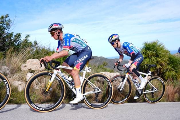 Belgian Remco Evenepoel and Italian Giovanni Aleotti of Red Bull-BORA-hansgrohe pictured in action during stage 4 of the 2026 Volta Comunitat Valenciana, Tour of Valencia cycling race, a race from La Nucia to Teulada Moraira (172,2 km), on Saturday 07 February 2026 in Spain. The race takes place from 4 to 8 February and runs through the three provinces of the Valencian Community. JOMAxGARCIA  x161736321x