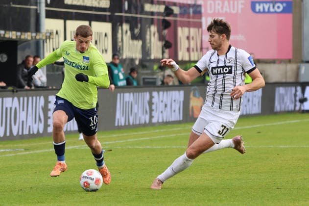 07.02.2025, Fussball, Herren, 2. Bundesliga, Saison 2025 2026, SV 07 Elversberg - Hertha BSC Berlin, Maximilian Rohr (SV 07 Elversberg), Michael Cuisance (Hertha BSC Berlin) Elversberg Ursapharm-Arena an der Kaiserlinde Saarland Deutschland (DEU)