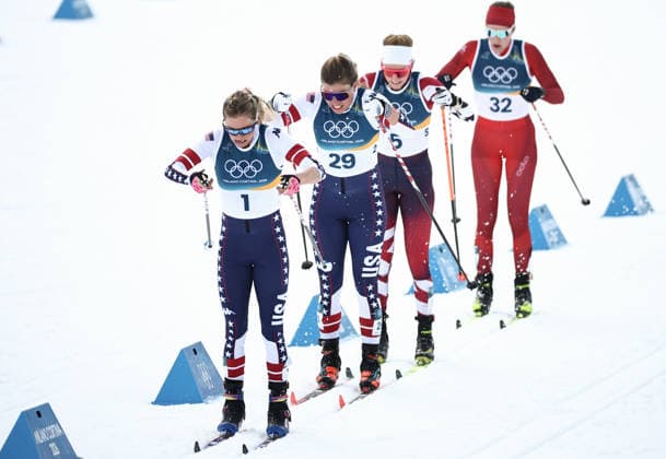 ITALY, TRENTINO-SOUTH TYROL - FEBRUARY 7, 2026: Jessie Diggins, Rosie Brennan of the US, Teresa Stadlober of Austria, and Marina Kaelin (L-R) of Switzerland compete in a women s 10km + 10km skiathlon race during the 2026 Winter Olympic Games, Olympische Spiele, Olympia, OS at the Tesero Cross-Country Skiing Stadium 2026 Winter Olympics: Cross-Country Skiing  - ZUMAt113 20260207_zaa_t113_174 Copyright: xMikhailxTereshchenkox