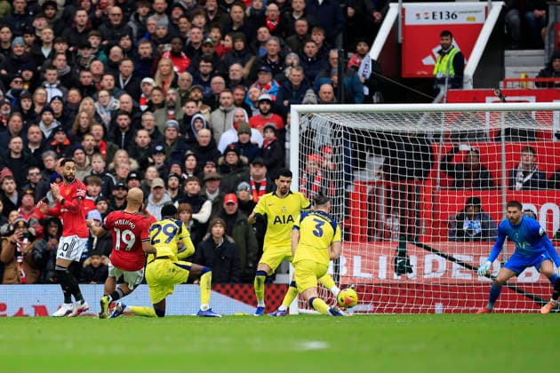Manchester United, ManU v Tottenham Hotspur, Premier League Bryan Mbeumo (19) of Manchester United scores to make it 1-0 during the Premier League match between Manchester United and Tottenham Hotspur at Old Trafford, Manchester, UK on 7 February 2026. Manchester Old Trafford Greater Manchester UK Editorial use only DataCo restrictions apply See www.football-dataco.com , Copyright: xConorxMolloyx PSI-23700-0039