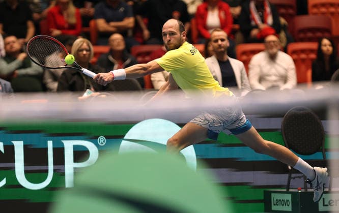 Dragos Nicolae Madaras of Sweden in action during the qualification duel of tennis Davis Cup: Czechia vs Sweden in Jihlava, Czech Republic, February 7, 2026. (CTKxPhoto LiborxPlihal) CTKPhotoP2026020703301  CTKPhotoP2026020703301