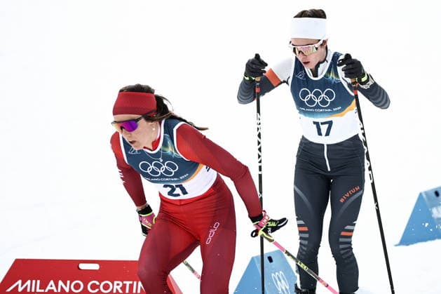ITALY, TRENTINO-SOUTH TYROL - FEBRUARY 7, 2026: Anja Weber (front) of Switzerland, and Dariya Nepryaeva of Russia compete in a women s 10km + 10km skiathlon race during the 2026 Winter Olympic Games, Olympische Spiele, Olympia, OS at the Tesero Cross-Country Skiing Stadium 2026 Winter Olympics: Cross-Country Skiing  - ZUMAt113 20260207_zaa_t113_184 Copyright: xMikhailxTereshchenkox