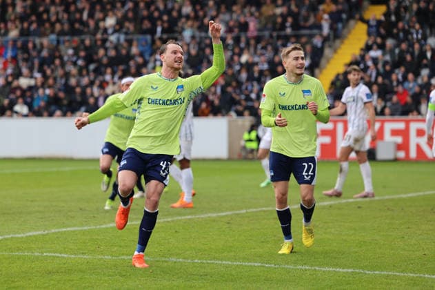 07.02.2025, Fussball, Herren, 2. Bundesliga, Saison 2025 2026, SV 07 Elversberg - Hertha BSC Berlin, Torjubell zum 0:1, Torschütze: Pascal Klemens (Hertha BSC Berlin) Elversberg Ursapharm-Arena an der Kaiserlinde Saarland Deutschland (DEU)