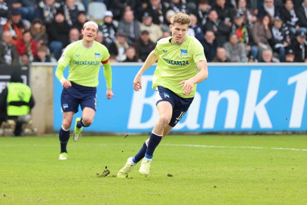 07.02.2026, xrekx, Fussball 2.Bundesliga, SV Elversberg - Hertha BSC Berlin v.l. Torjubel nach dem Tor zum celebrating the goal celebrate 0:2 durch Luca Schuler (Hertha BSC) mit Fabian Reese (Hertha BSC) (DFL DFB REGULATIONS PROHIBIT ANY USE OF PHOTOGRAPHS as IMAGE SEQUENCES and or QUASI-VIDEO) Elversberg