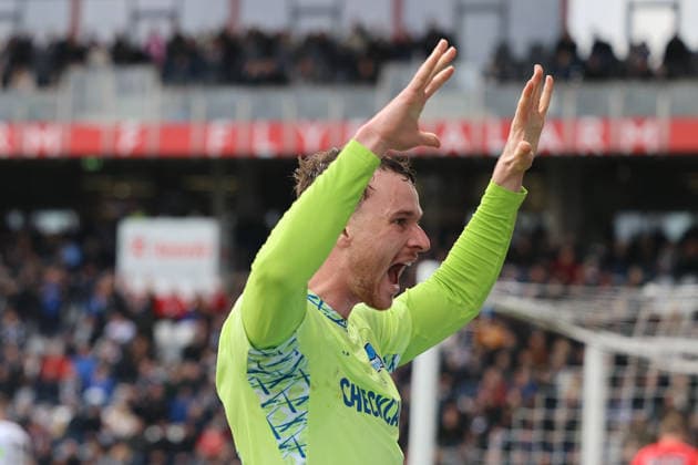 07.02.2025, Fussball, Herren, 2. Bundesliga, Saison 2025 2026, SV 07 Elversberg - Hertha BSC Berlin, Torjubell zum 0:1, Torschütze: Pascal Klemens (Hertha BSC Berlin) Elversberg Ursapharm-Arena an der Kaiserlinde Saarland Deutschland (DEU)