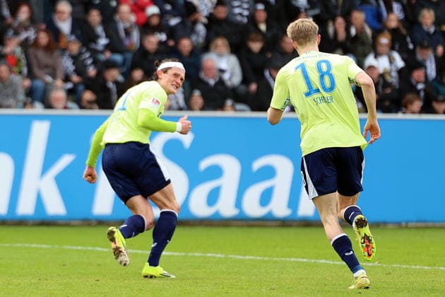 07.02.2026, xrekx, Fussball 2.Bundesliga, SV Elversberg - Hertha BSC Berlin v.l. Torjubel nach dem Tor zum celebrating the goal celebrate 0:2 durch Luca Schuler (Hertha BSC) mit Fabian Reese (Hertha BSC) (DFL DFB REGULATIONS PROHIBIT ANY USE OF PHOTOGRAPHS as IMAGE SEQUENCES and or QUASI-VIDEO) Elversberg