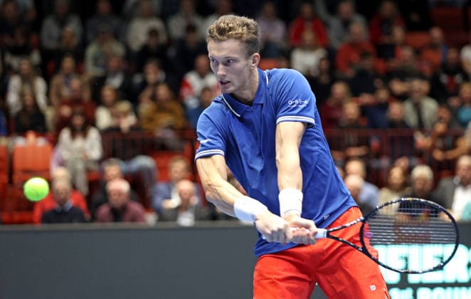 Czech Jiri Lehecka in action during the qualification duel of tennis Davis Cup: Czechia vs Sweden in Jihlava, Czech Republic, February 7, 2026. (CTKxPhoto Plihal) CTKPhotoP2026020703793  CTKPhotoP2026020703793