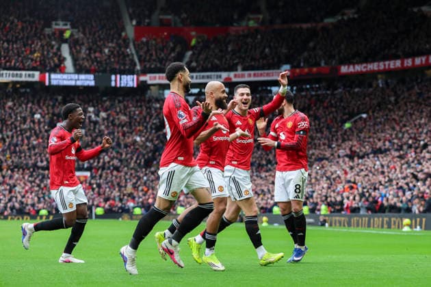 Manchester United, ManU v Tottenham Hotspur, Premier League Manchester United forward Bryan Mbeumo (19) scores a GOAL 1-0 and celebrates with Manchester United defender Diogo Dalot (2) and Manchester United forward Matheus Cunha (10) during the Manchester United v Tottenham Hotspur Premier League match at Old Trafford, Manchester, England on 7 February 2026 Credit: Phil Duncan Every Second Media Editorial use only. All images are copyright Every Second Media Limited. No images may be reproduced without prior permission. All rights reserved. Premier League and Football League images are subject to licensing agreements with Football DataCo Limited. see https: www.football-dataco.com Copyright: xIMAGO EveryxSecondxMediax ESM-1790-0048 PhilxDuncanx xEveryxSecondxMediax