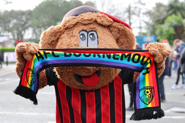 Football - 2025 2026 Premier League - AFC Bournemouth vs Aston Villa - Vitality Stadium - Saturday 7th February 2026 Bournemouth mascot Cherrie Bear with an AFC Bournemouth Pride scarf before kick off at the Vitality Stadium COLORSPORT Shaun Boggust 