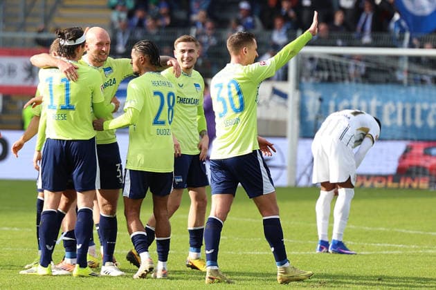 07.02.2026, xrekx, Fussball 2.Bundesliga, SV Elversberg - Hertha BSC Berlin v.l. Torjubel nach dem Tor zum celebrating the goal celebrate 0:3 durch Toni Leistner (Hertha BSC) (DFL DFB REGULATIONS PROHIBIT ANY USE OF PHOTOGRAPHS as IMAGE SEQUENCES and or QUASI-VIDEO) Elversberg