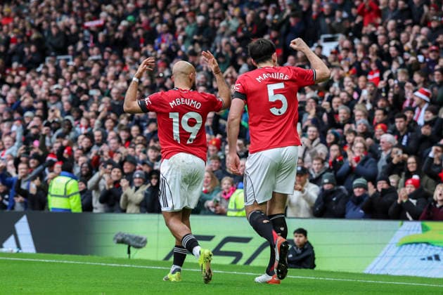 Manchester United, ManU v Tottenham Hotspur, Premier League Manchester United forward Bryan Mbeumo (19) scores a GOAL 1-0 and celebrates with Manchester United defender Harry Maguire (5) during the Manchester United v Tottenham Hotspur Premier League match at Old Trafford, Manchester, England on 7 February 2026 Credit: Phil Duncan Every Second Media Editorial use only. All images are copyright Every Second Media Limited. No images may be reproduced without prior permission. All rights reserved. Premier League and Football League images are subject to licensing agreements with Football DataCo Limited. see https: www.football-dataco.com Copyright: xIMAGO EveryxSecondxMediax ESM-1790-0052 PhilxDuncanx xEveryxSecondxMediax