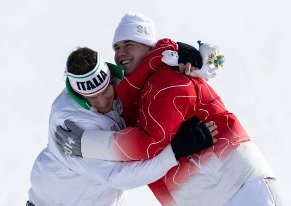OLYMPICS - Winter Olympic Games, Olympische Spiele, Olympia, OS Milano Cortina 2026 BORMIO,ITALY,07.FEB.26 - OLYMPICS, ALPINE SKIING - Winter Olympic Games Milano Cortina 2026, downhill, men, medal ceremony. Image shows the rejoicing of Giovanni Franzoni (ITA) and Franjo von Allmen (SUI).  GEPAxpictures xWolfgangxGrebien