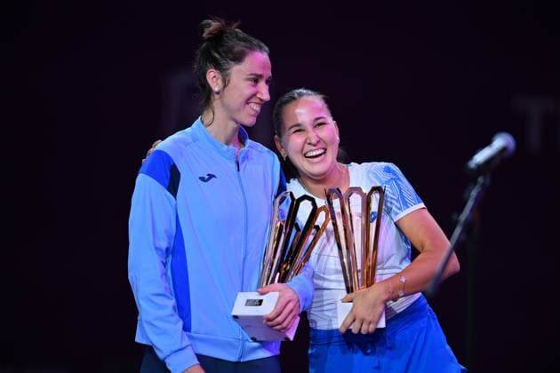 Sara Sorribes Tormo of Spain and and Kamilla Rakhimova of Uzbekistan pose with the trophy after the Transylvania Open 2026 double final, a WTA250 Tournament, at BT Arena, in Cluj-Napoca, Romania, February 07, 2025. Transylvania Open 2026 - WTA, Tennis Damen 250 Tournament - Double FinalCluj Napoca Romania  Copyright: xAlexxNicodim Shutterstockx 16526889dg