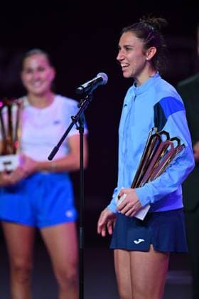 Sara Sorribes Tormo of Spain and and Kamilla Rakhimova of Uzbekistan pose with the trophy after the Transylvania Open 2026 double final, a WTA250 Tournament, at BT Arena, in Cluj-Napoca, Romania, February 07, 2025. Transylvania Open 2026 - WTA, Tennis Damen 250 Tournament - Double FinalCluj Napoca Romania  Copyright: xAlexxNicodim Shutterstockx 16526889dh