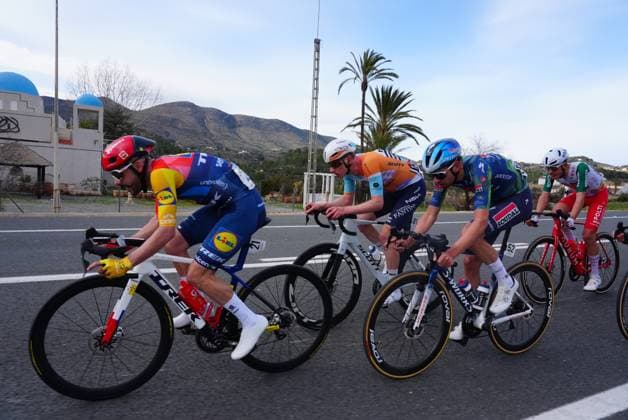 French Julien Bernard of Lidl-Trek, British Lewis Askey of NSN Cycling Team and Belgian Steff Cras of Soudal Quick-Step pictured in action during stage 4 of the 2026 Volta Comunitat Valenciana, Tour of Valencia cycling race, a race from La Nucia to Teulada Moraira (172,2 km), on Saturday 07 February 2026 in Spain. The race takes place from 4 to 8 February and runs through the three provinces of the Valencian Community. JOMAxGARCIA  x161760954x