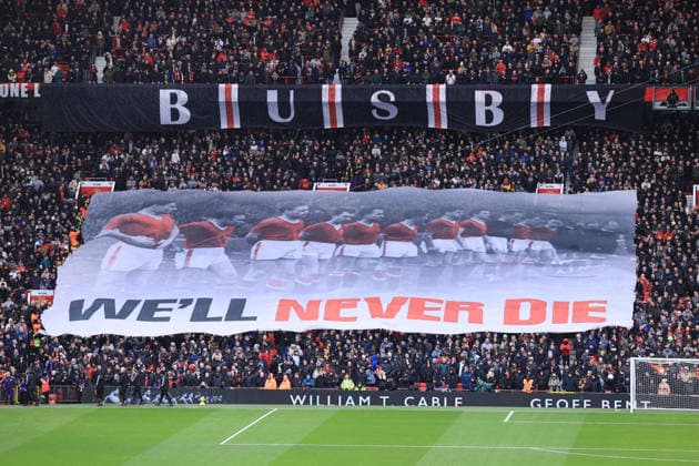 Football - Premier League - Manchester United, ManU v Tottenham Hotspur 7th February 2026 - Premier League - Manchester United v Tottenham Hotspur - Manchester United fans display a giant tifo banner featuring the Busby Babes as they remember the victims of the Munich Air Disaster before the match - Photo: Simon Stacpoole Offside. Manchester UK Copyright: xSimonxStacpoolexOffside
