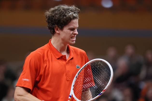 Belgian Alexander Blockx reacts during a tennis match against Bulgarian Radulov, during the qualifier of the Davis Cup on Saturday 07 February 2026, in Plovdiv, Bulgaria. Belgium will compete this weekend in the Davis Cup qualifiers against Bulgaria. BENOITxDOPPAGNE  x161761703x