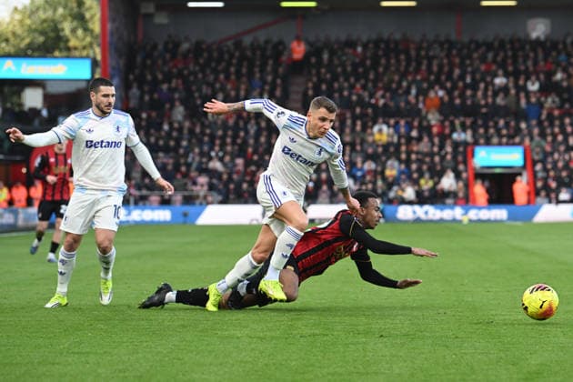 Bournemouth v Aston Villa, Premier League Eli Junior Kroupi (22) of AFC Bournemouth goes down after being challenged by Lucas Digne (12) of Aston Villa during the Premier League match between Bournemouth and Aston Villa at the Vitality Stadium, Bournemouth, UK on 7 February 2026. Bournemouth Vitality Stadium Dorset UK Editorial use only DataCo restrictions apply See www.football-dataco.com , Copyright: xGrahamxHuntx PSI-23705-0054
