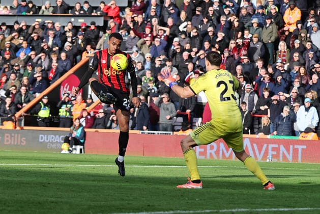 Football - 2025 2026 Premier League - AFC Bournemouth vs Aston Villa - Vitality Stadium - Saturday 7th February 2026 Eli Junior Kroupi of Bournemouth lobs Emiliano Martinez of Aston Villa only for his goal bound effort to be cleared off the line during the Premier League match at the Vitality Stadium COLORSPORT Shaun Boggust 