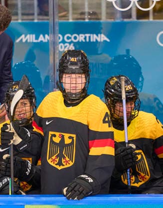 Mathilda Heine of Germany on the player bench at the preliminary women Ice hockey, Eishockey match Group B Germany-Japan of the Milano Cortina 2026 Winter Olympic Games, Olympische Spiele, Olympia, OS at Milano Rho Ice Hockey Arena on February 7, 2026 in Milan, Italy.
