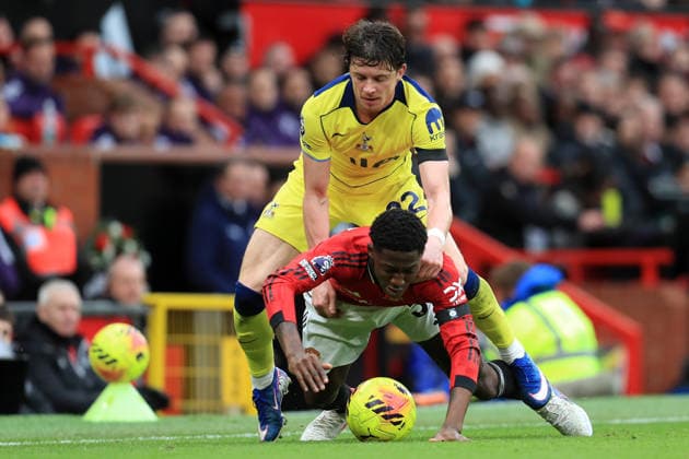 7th February 2026; Old Trafford, Manchester, England; Premier League Football, Manchester United, ManU versus Tottenham Hotspur; Connor Gallagher of Tottenham Hotspur tangles with Kobbie Mainoo of Manchester United  DavidxBlunsden