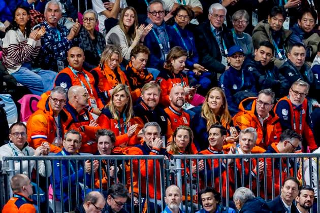 Queen Maxima of the Netherlands and King Willem-Alexander and Princess Amalia of the Netherlands and Carl Verheijen of Team NL and Prime Minister Dick Schoof of the Netherlands watching Around the Games, Milano Cortina 2026 Winter Olympics: Day 1, Speed skating, Eisschnelllauf - Milano Cortina 2026 Winter Olympics: Day 1, Milano Speed Skating Stadium, February 7, 2026, Milan, Italy.
