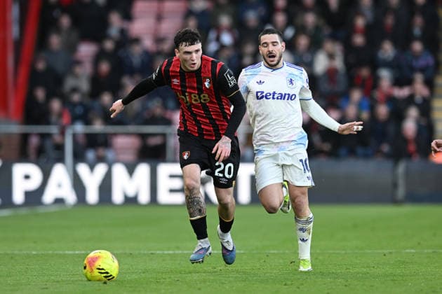 Bournemouth v Aston Villa, Premier League Alex Jimenez (20) of AFC Bournemouth on the attack battles for possession with Emi Buendia (10) of Aston Villa during the Premier League match between Bournemouth and Aston Villa at the Vitality Stadium, Bournemouth, UK on 7 February 2026. Bournemouth Vitality Stadium Dorset UK Editorial use only DataCo restrictions apply See www.football-dataco.com , Copyright: xGrahamxHuntx PSI-23705-0077