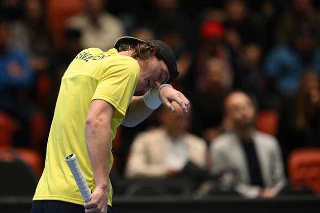 February 7, 2026, Jihlava, Czech Republic: OLLE WALLIIN of Sweden react after losing game during the 2026 Davis Cup Qualifiers between the Czech Republic and Sweden in Jihlava, Czech Republic. Jihlava Czech Republic - ZUMAr156 20260207_aap_r156_027 Copyright: xSlavekxRutax
