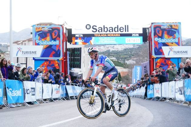 Belgian Remco Evenepoel crosses the finish line to win stage 4 of the 2026 Volta Comunitat Valenciana, Tour of Valencia cycling race, a race from La Nucia to Teulada Moraira (172,2 km), on Saturday 07 February 2026 in Spain. The race takes place from 4 to 8 February and runs through the three provinces of the Valencian Community. JOMAxGARCIA  x161772476x