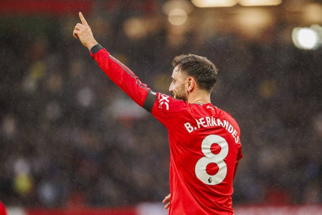 MANCHESTER, ENGLAND - FEBRUARY 07: Bruno Fernandes of Manchester United, ManU celebrates after scoring the team s second goal during a Premier League 2026 match between Manchester United v Tottenham Hotspur at Stadium of Old Trafford on February 7, 2026 in Manchester, England. (Photo by Richard Callis Sports Press Photo) Copyright: xRichardxCallis SportsxPressxPhotx Sportspressphoto_SPR89381