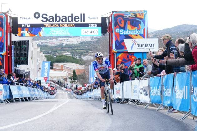 Belgian Remco Evenepoel celebrates as he crosses the finish line to win stage 4 of the 2026 Volta Comunitat Valenciana, Tour of Valencia cycling race, a race from La Nucia to Teulada Moraira (172,2 km), on Saturday 07 February 2026 in Spain. The race takes place from 4 to 8 February and runs through the three provinces of the Valencian Community. JOMAxGARCIA  x161772555x